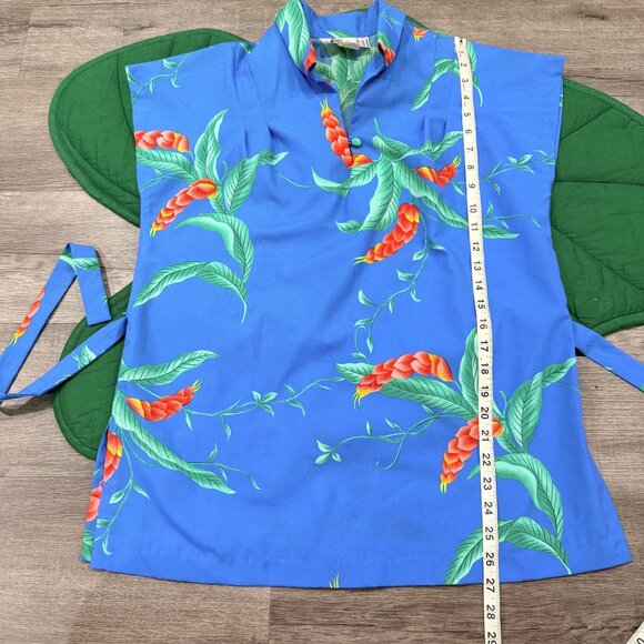 Vintage Hilo Hattie Womens Large Hawaiian Floral Blue Blouse With Tie Waist - Picture 6 of 6